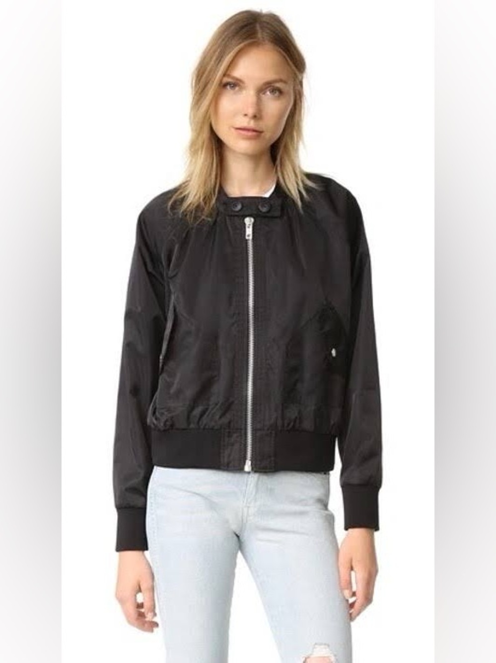 Free People Black Bomber Jacket with Silver Zip